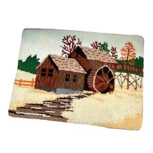 Vintage Mill Landscape Latch Hook Rug Wall Hanging Yarn Art Boho Hippie 42x30